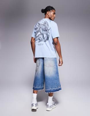 Japanese back print T-shirt in washed light blue