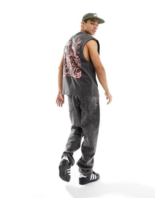 River Island japanese back print vest in grey