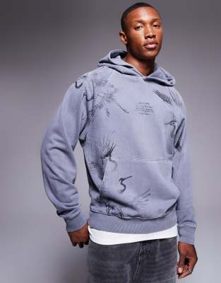 River Island River Island Japanese crane back print hoodie in dark grey