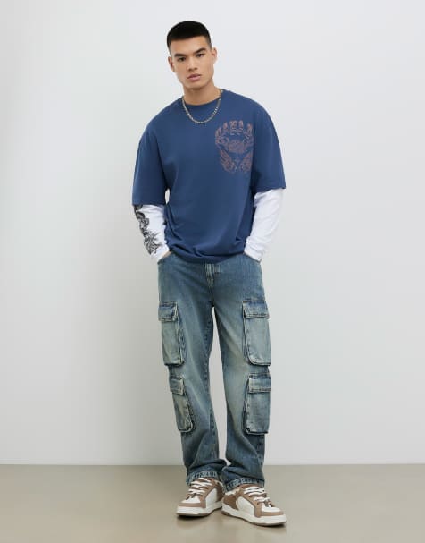 River Island Japanese double layered t-shirt in blue - view 1