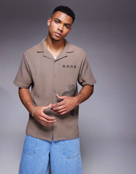 River Island Japanese dragon embroidered shirt in brown