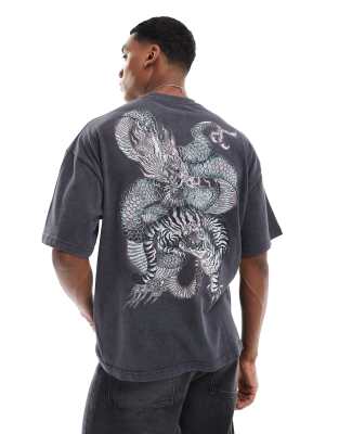 River Island Japanese dragon oversized t-shirt in washed black