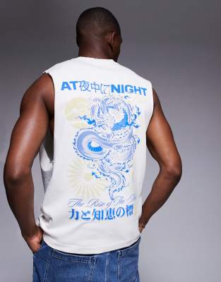 Japanese moon and dragon back print tank top in ecru-White