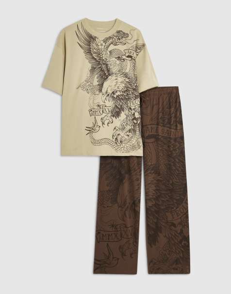 River Island Japanese print loungewear set in brown - view 1