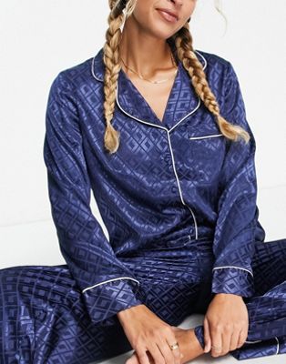 River Island jaquard satin pyjama shirt in blue