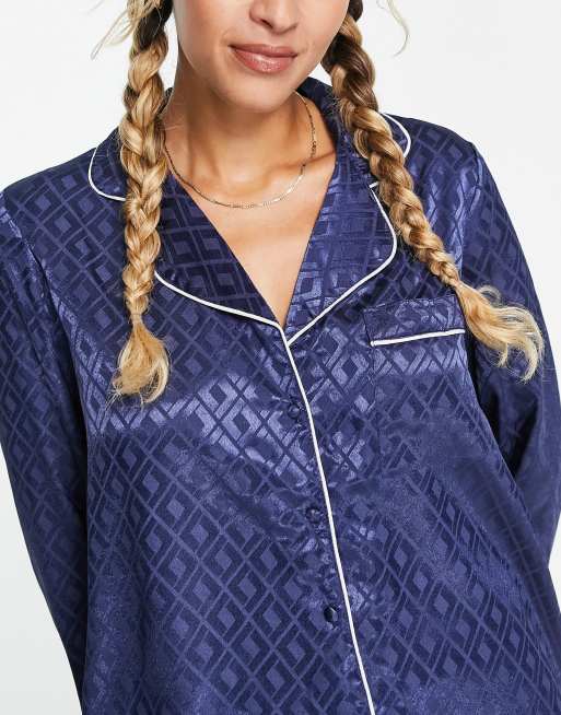 River Island jaquard satin pyjama shirt in blue, 4 of 4