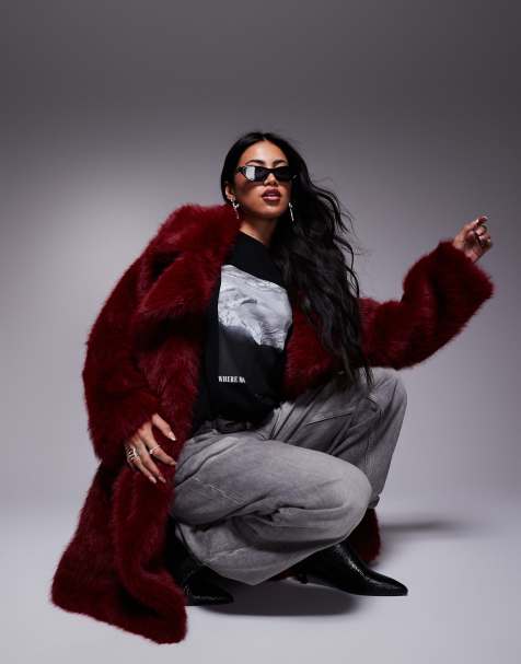 River Island - Jas met lange pasvorm van imitatiebont in bordeauxrood - view 1