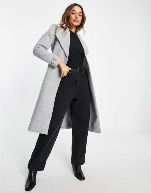 River Island - Jas met pofmouwen en riem in grijs