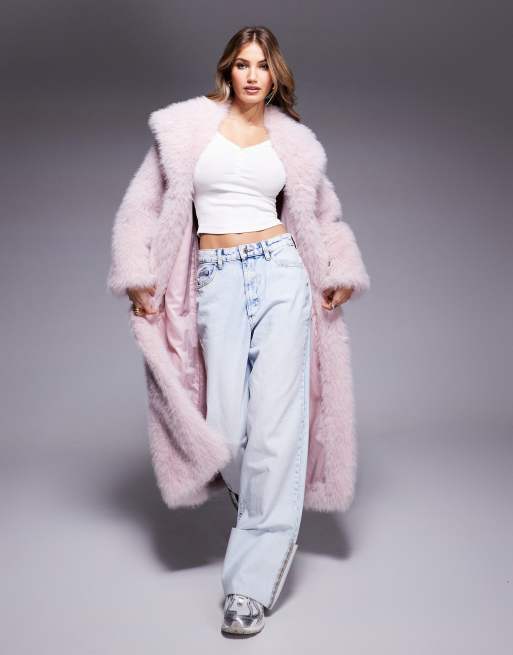 River Island - Jas van imitatiebont met lange pasvorm in lichtroze