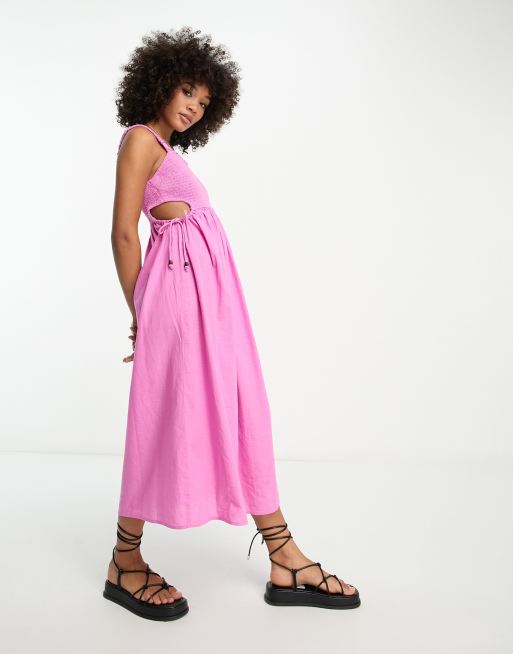 River Island – Jaskraworóżowa marszczona sukienka maxi z wycięciem