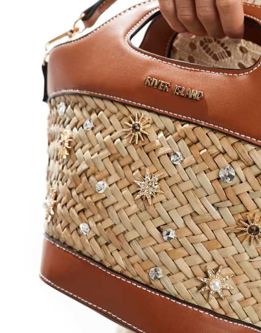 River Island – Jasnobrązowa torba koszyk z rafii ze zdobieniem, 2 z 4
