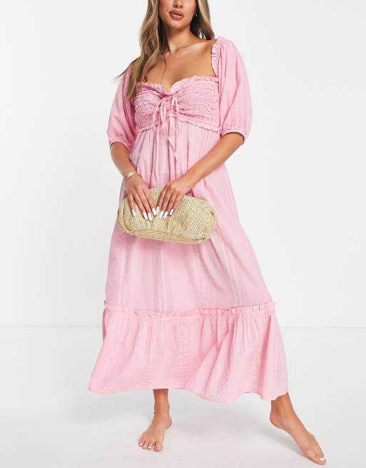River Island – Jasnoróżowa marszczona sukienka plażowa midi o luźnym fasonie