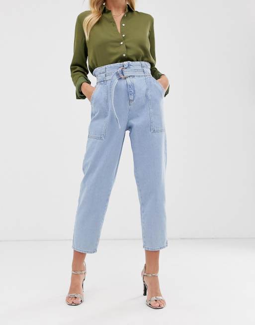 River Island - Jean à taille haute froncée - Délavage clair