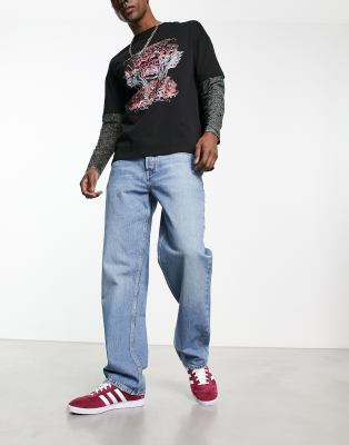 River Island loose jeans in mid blue - ASOS Price Checker