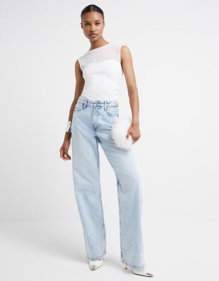 River Island - Jean décontracté coupe droite à taille haute - Bleu clair