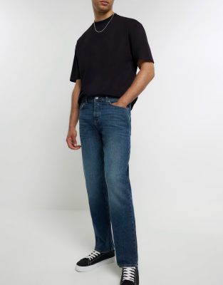 River Island straight jeans in dark blue - ASOS Price Checker