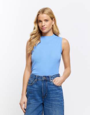 River Island - Jean - Geripptes Tanktop in Blau mit knappem Schnitt