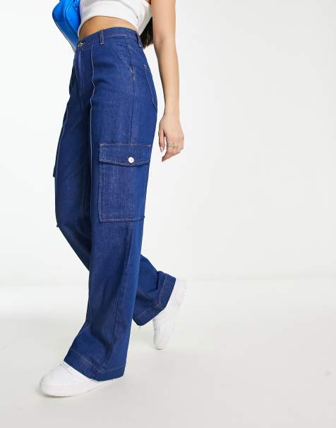River Island - Jean large à taille haute avec poches cargo - Bleu moyen délavé - view 1