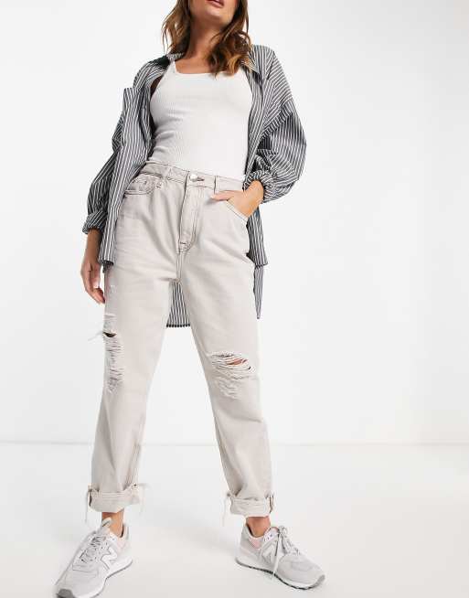 River Island - Jean mom avec déchirures aux genoux - Écru