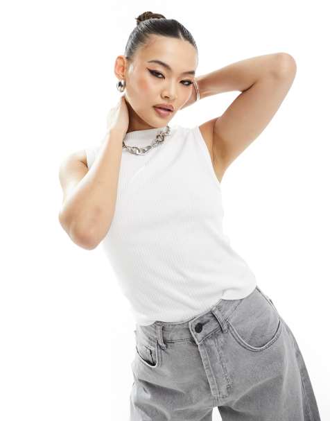 River Island – Jean – Prążkowany biały top bez rękawów - view 1
