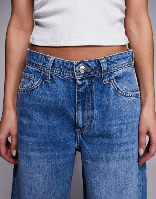 River Island - Jeans bombati color denim medio con cuciture a vista, 4 di 5