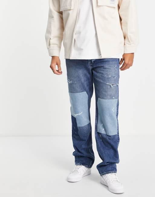 River Island – Jeans im Patchwork-Design mit weitem Schnitt in Mittelblau