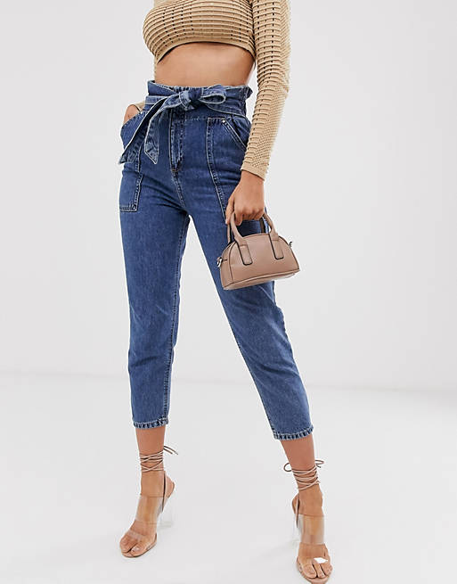 River Island – Jeans in mittlerer Waschung mit Paperbag-Taille