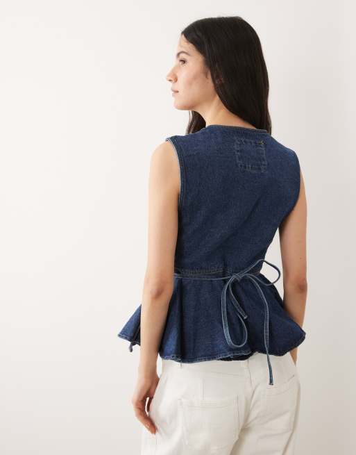 River Island – Jeans-Oberteil in Mittelblau mit Schößchen und Schnürung , 3 von 4