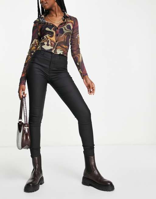 River Island - Jeans skinny vita alta spalmati, colore nero