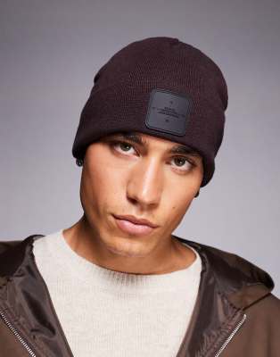 River Island Jersey Badge Beanie In Brown