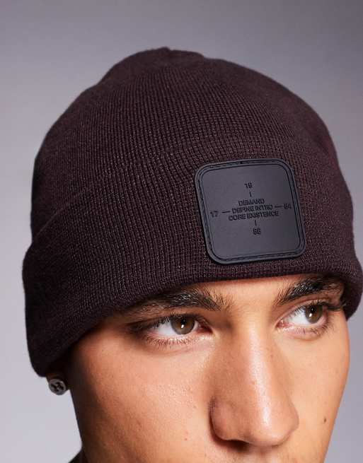 River Island jersey badge beanie in dark brown, 2 of 3