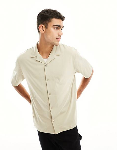 River Island jersey revere collar shirt in stone