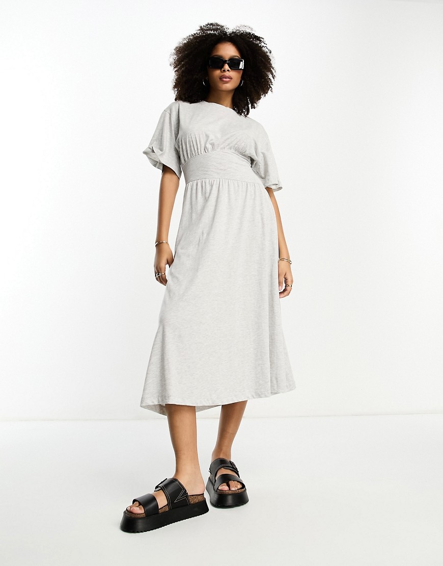 River Island Jersey Smock Midi Dress With Cinched Waist In Light Gray