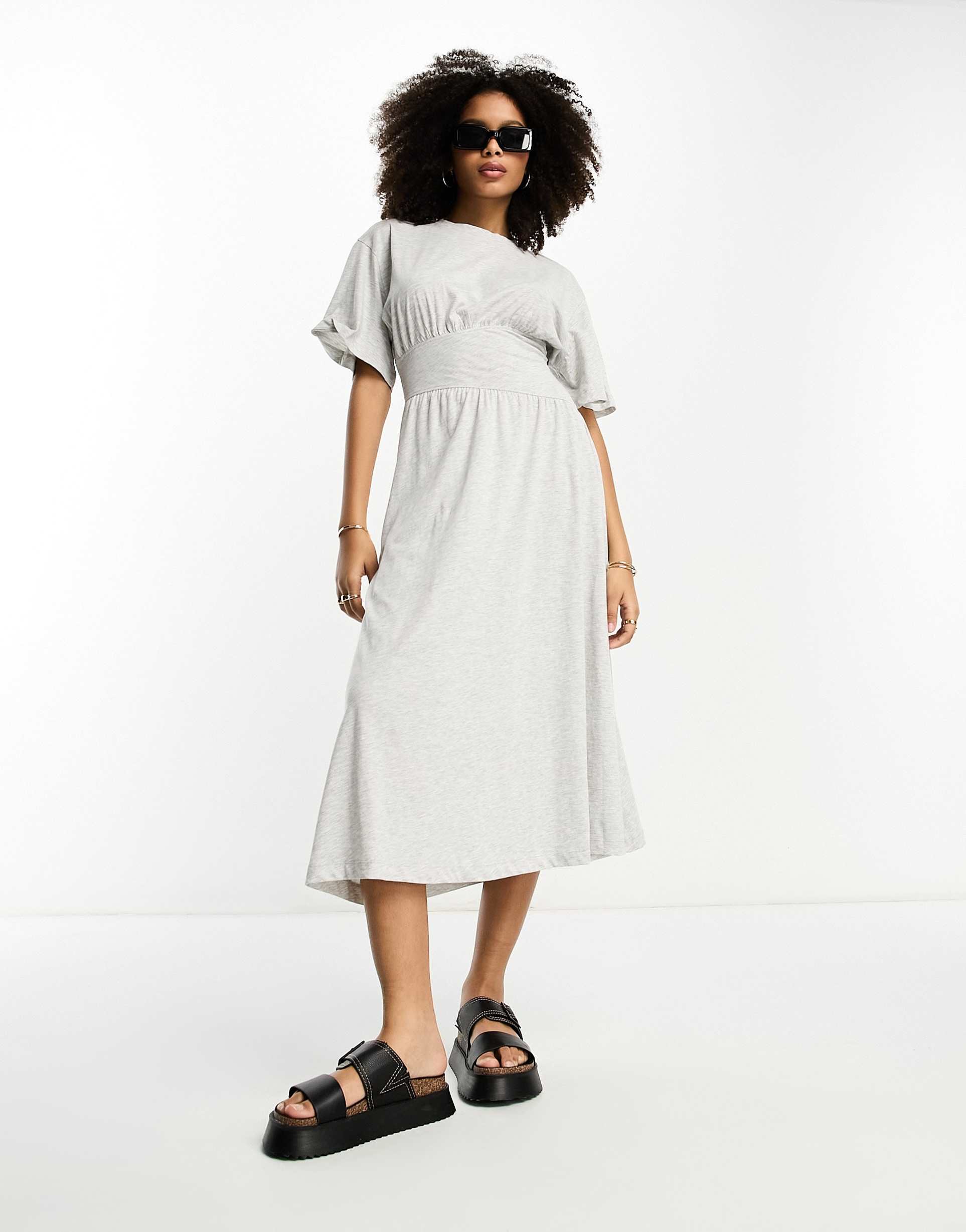 river island jersey smock midi dress with cinched waist in light gray