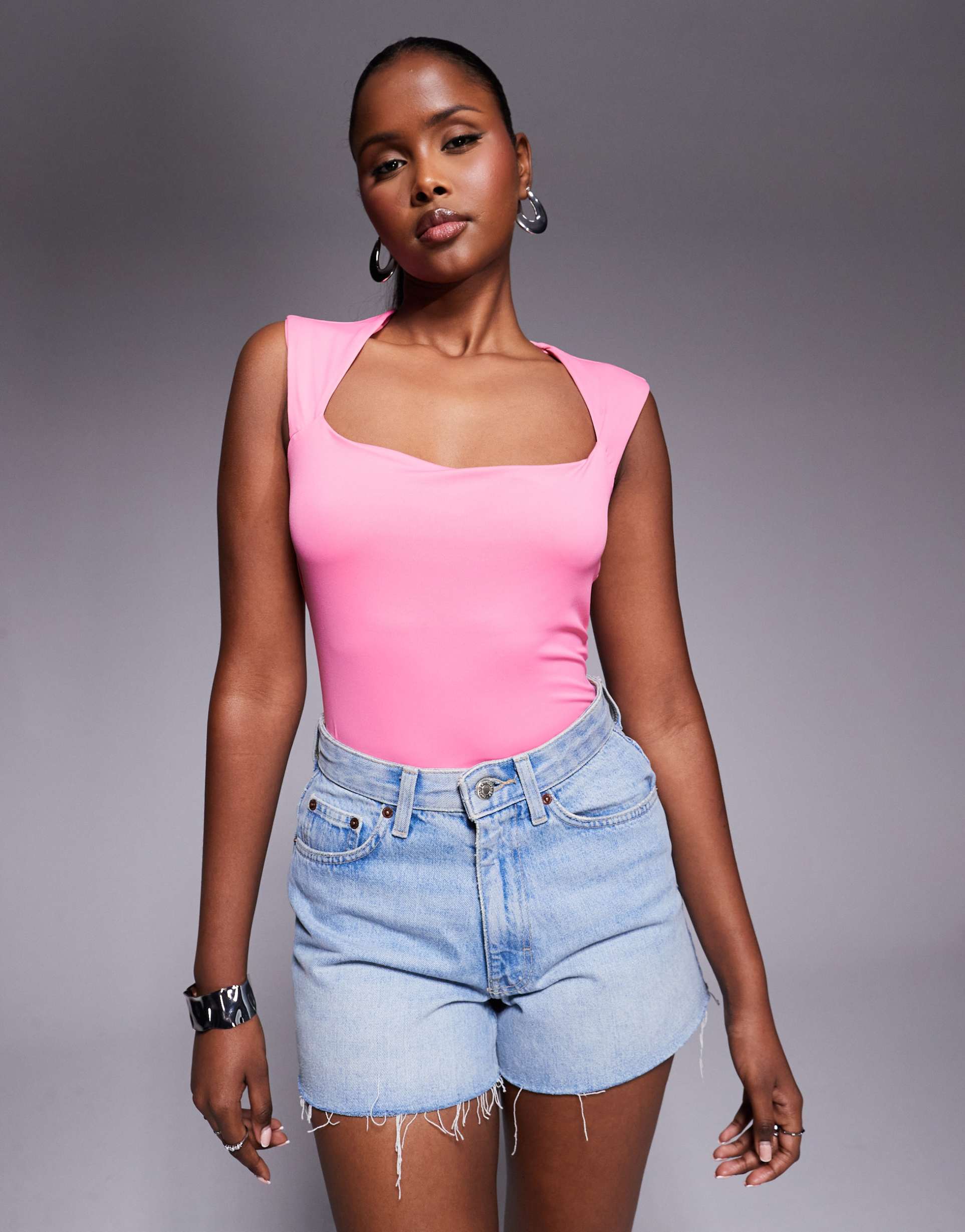 river island jersey square neck bodysuit in pink