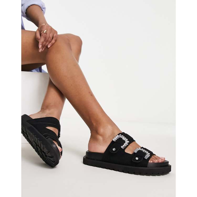 River Island jewel double buckle flat sandal in black ASOS