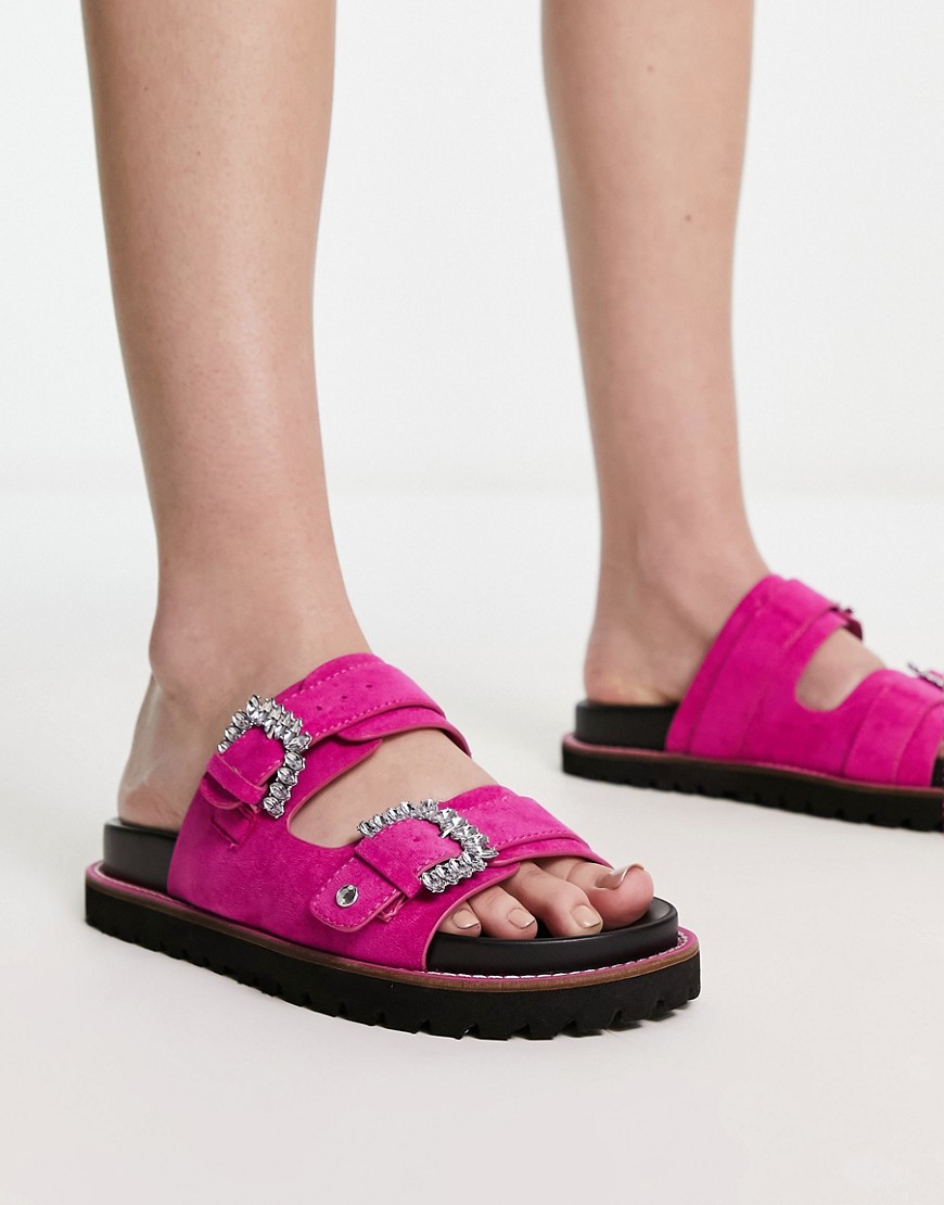 River Island Jewel Double Buckle Flat Sandal In Bright Pink