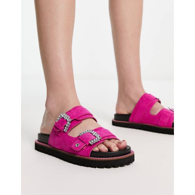 River Island jewel double buckle flat sandal in bright pink ASOS