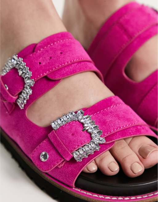 River Island jewel double buckle flat sandal in bright pink ASOS