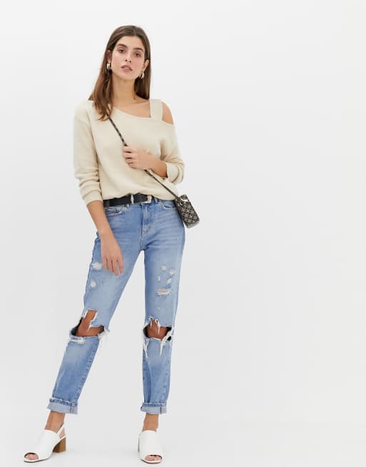 River Island jumper with asymmetric shoulder in oatmeal