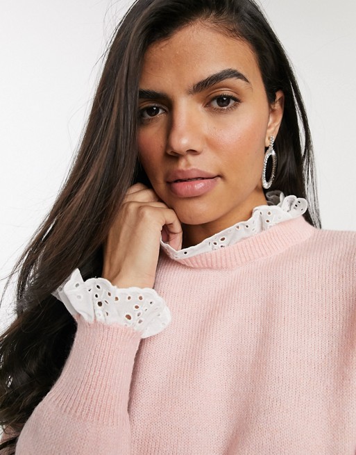 River Island jumper with broderie collar and cuffs in pink