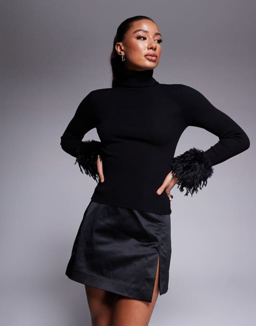 River Island jumper with faux feather detail in black, 2 of 4