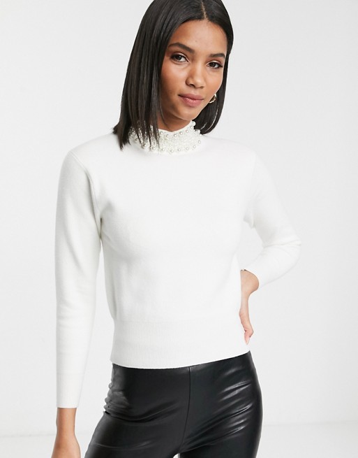 River Island jumper with faux pearl collar in cream