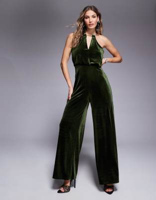 River Island - Jumpsuit aus Samt in Olivgrün