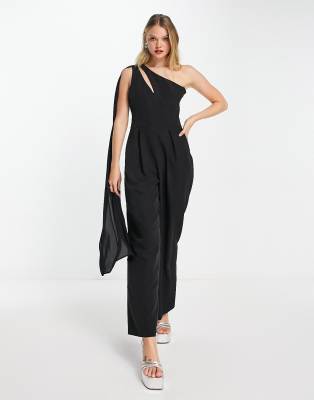 River Island - Jumpsuit in Schwarz mit One-Shoulder-Träger und Drapierung