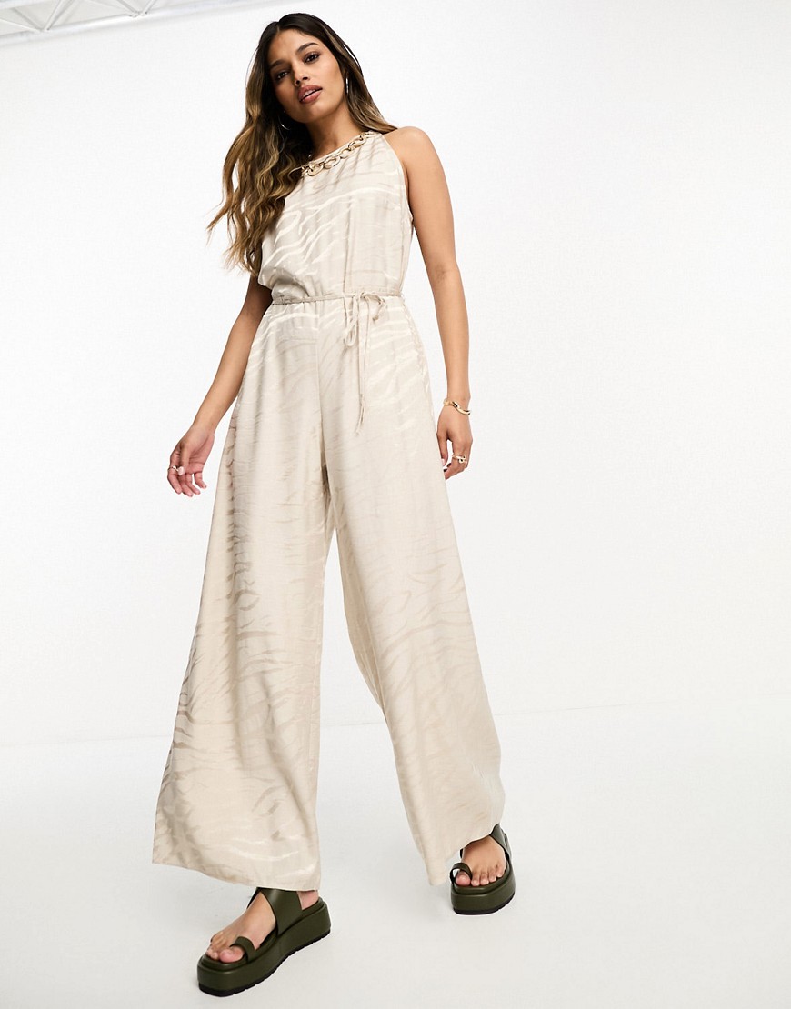 River Island jumpsuit with trim neck detail in light beige print-Neutral