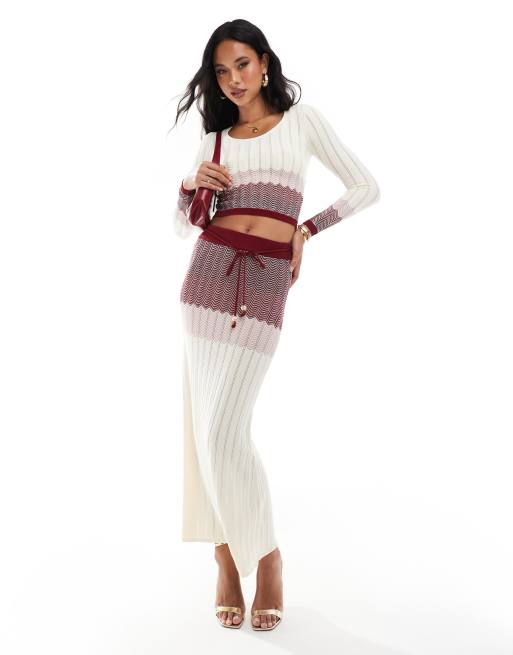 River Island - Jupe d'ensemble en maille à motif chevrons - Rouge foncé