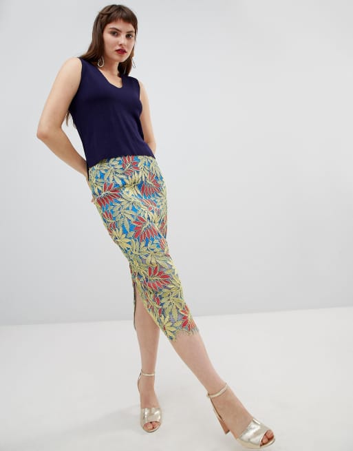 River Island - Jupe fourreau en dentelle à imprimé tropical