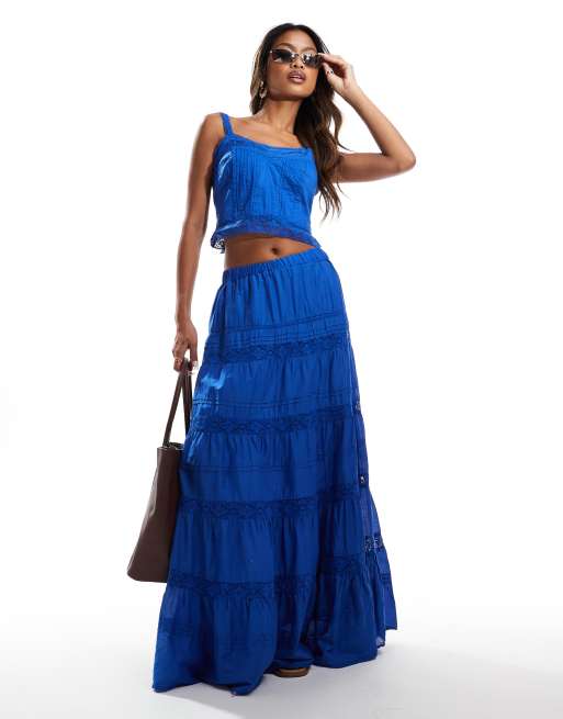 River Island Jupe longue d ensemble a volants etages Bleu de cobalt ASOS