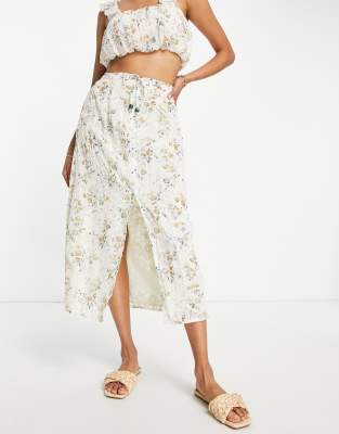 River Island co-ord broderie a line button through midi skirt in light beige - ASOS Price Checker